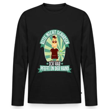 Bitte nicht schubsen ich hab Pfeffi in der Hand - Männer Premium Bio Langarmshirt - Schwarz - Vorne - Nico (187cm)
