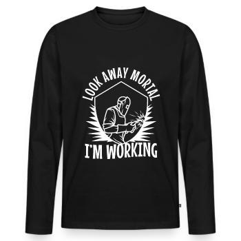 Détourne le regard, mortel, je travaille - T-shirt manches longues Premium bio Homme - noir - Devant - Nico (187cm)