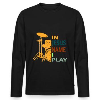 In Jesus Name I Play Drums - Männer Premium Bio Langarmshirt - Schwarz - Vorne - Nico (187cm)