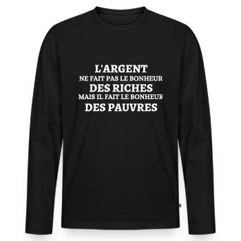 Citation sur l'argent t-shirt Argent fait bonheur - T-shirt manches longues Premium bio Homme - noir - Devant - Nico (187cm)