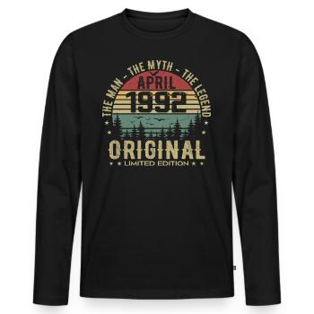 April 1992. 33rd Anniversary Gift April 1992 - Men's Premium Organic Long Sleeve Shirt - black - Front - Nico (187cm)