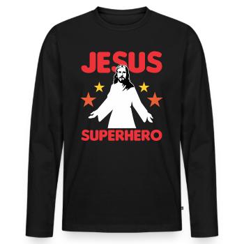 Jesus Superhero - Men's Premium Organic Long Sleeve Shirt - black - Front - Nico (187cm)