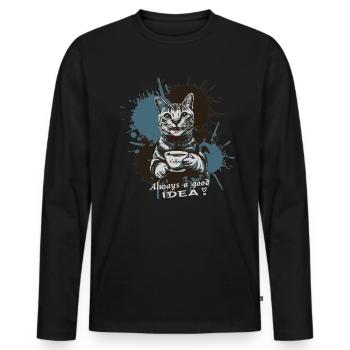 Katze mit Kaffee, Kaffee ist immer eine gute Idee - Männer Premium Bio Langarmshirt - Schwarz - Vorne - Nico (187cm)