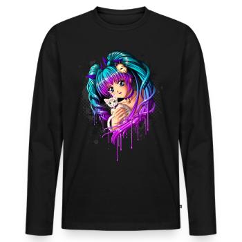 Kätzchen und Pigtail Manga Girl - Männer Premium Bio Langarmshirt - Schwarz - Vorne - Nico (187cm)