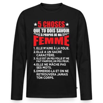 Mari Couple Cadeau Humour Personnalisé - T-shirt manches longues Premium bio Homme - noir - Devant - Nico (187cm)