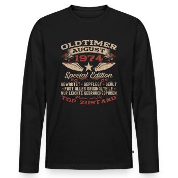49. Geburtstag Mann Oldtimer August Jahrgang 1974 - Männer Premium Bio Langarmshirt - Schwarz - Vorne - Nico (187cm)
