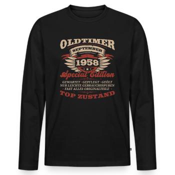 65. Geburtstag Oldtimer September Jahrgang 1958 - Männer Premium Bio Langarmshirt - Schwarz - Vorne - Nico (187cm)