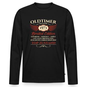 50. Geburtstag Oldtimer Oktober Jahrgang 1973 - Männer Premium Bio Langarmshirt - Schwarz - Vorne - Nico (187cm)