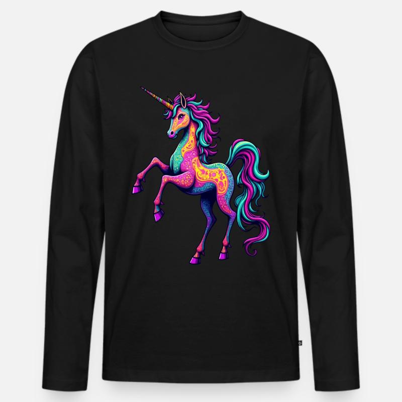 Psychedelisches Neon-Einhorn – Buntes Fantasy-Pferd - Männer Premium Bio Langarmshirt - Schwarz