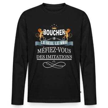 Pour mon boucher le seul le vrai humour métier - T-shirt manches longues Premium bio Homme - noir - Devant - Nico (187cm)
