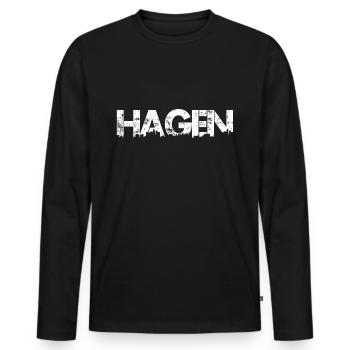 Hagen Skyline - Stadt Schriftzug - Männer Premium Bio Langarmshirt - Schwarz - Vorne - Nico (187cm)