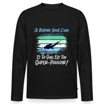 Je Respire sous l'eau quel est ton super pouvoir - T-shirt manches longues Premium bio Homme - noir - Devant - Nico (187cm)