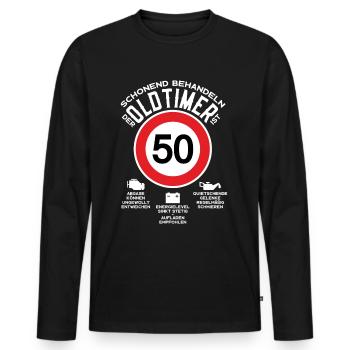 SCHONEND BEHANDELN 50. GEBURTSTAG OLDTIMER - Männer Premium Bio Langarmshirt - Schwarz - Vorne - Nico (187cm)