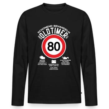 SCHONEND BEHANDELN 80. GEBURTSTAG OLDTIMER - Männer Premium Bio Langarmshirt - Schwarz - Vorne - Nico (187cm)