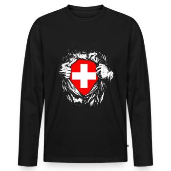 Schweiz Superheld Held Schweizerkreuz - Männer Premium Bio Langarmshirt - Schwarz - Vorne - Nico (187cm)