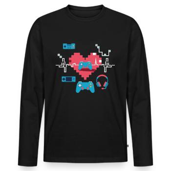 Retro Gaming Heart Gift Idea Heartbeat - Men's Premium Organic Long Sleeve Shirt - black - Front - Nico (187cm)