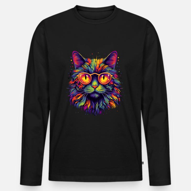 Bunte Katze mit Brille - Männer Premium Bio Langarmshirt - Schwarz