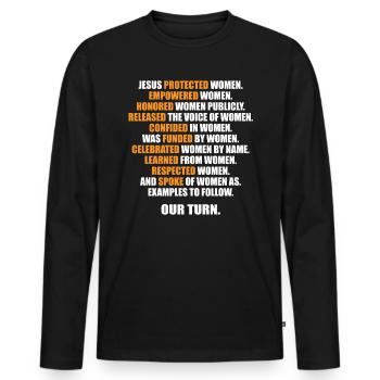 Jesus Protected Women Empowered Women Honored - Männer Premium Bio Langarmshirt - Schwarz - Vorne - Nico (187cm)