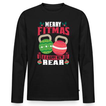 Merry Fitmas Happy New Rear Christmas T Shirt - Men's Premium Organic Long Sleeve Shirt - black - Front - Nico (187cm)