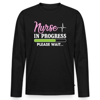 Nurse In Progress Please Wait Funny T Shirt - Men's Premium Organic Long Sleeve Shirt - black - Front - Nico (187cm)