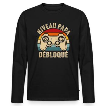 Papa niveau débloqué rétro t shirt père gamer geek - T-shirt manches longues Premium bio Homme - noir - Devant - Nico (187cm)