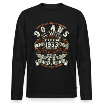 90 ans - juin 1933 - anniversaire 1933 - T-shirt manches longues Premium bio Homme - noir - Devant - Nico (187cm)