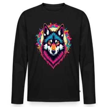 Neon Wolfskopf mit Sonne – Bunte psychedelische Kunst - Männer Premium Bio Langarmshirt - Schwarz - Vorne - Nico (187cm)