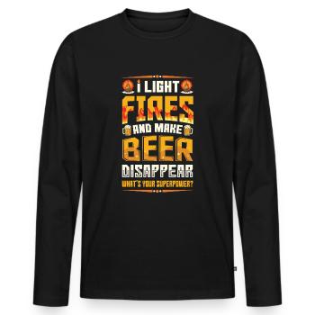 Feuer anzünden und Bier verschwinden lassen. - Männer Premium Bio Langarmshirt - Schwarz - Vorne - Nico (187cm)