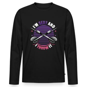 Je suis sexy et je lance une fléchette - T-shirt manches longues Premium bio Homme - noir - Devant - Nico (187cm)