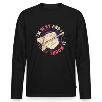 Je suis sexy et je lance une fléchette - T-shirt manches longues Premium bio Homme - noir - Devant - Nico (187cm)