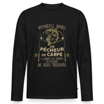 Pêche carpe, idée cadeau pêcheur, citation humour - T-shirt manches longues Premium bio Homme - noir - Devant - Nico (187cm)