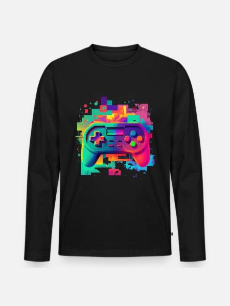 Retro bunte Konsole - Männer Premium Bio Langarmshirt - Schwarz