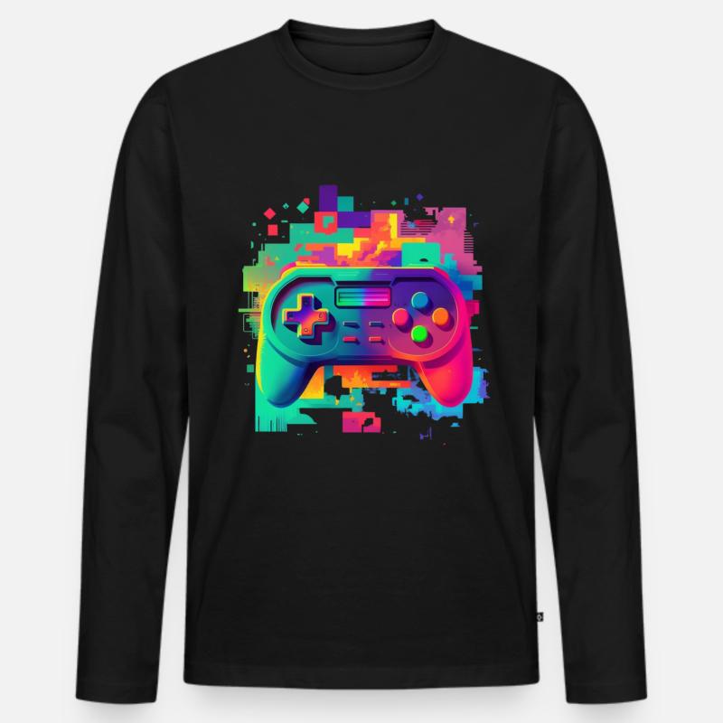 Retro bunte Konsole - Männer Premium Bio Langarmshirt - Schwarz