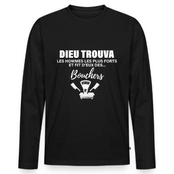 Bouchers de Dieu, idée cadeau métier boucher - T-shirt manches longues Premium bio Homme - noir - Devant - Nico (187cm)