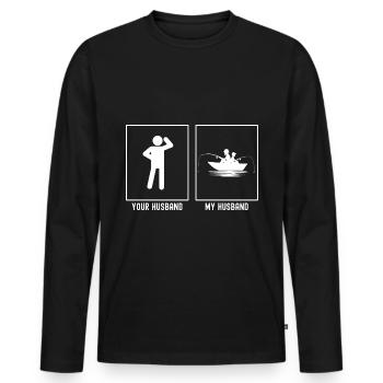 Votre mari - Mon mari - Pêche côte à côte - T-shirt manches longues Premium bio Homme - noir - Devant - Nico (187cm)