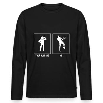 Son mari - Moi - Coup de tennis - T-shirt manches longues Premium bio Homme - noir - Devant - Nico (187cm)