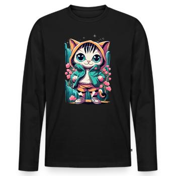 chaton kawaii mignon japon - T-shirt manches longues Premium bio Homme - noir - Devant - Nico (187cm)