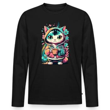 chaton kawaii mignon japon - T-shirt manches longues Premium bio Homme - noir - Devant - Nico (187cm)