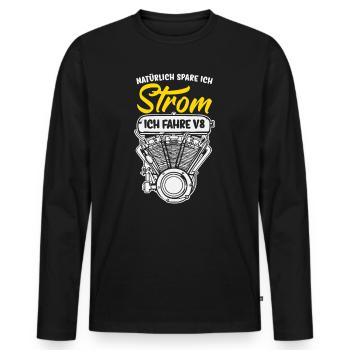 Natürlich spare ich Strom Ich fahre V8 - Männer Premium Bio Langarmshirt - Schwarz - Vorne - Nico (187cm)