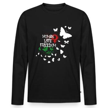 Liberté de vie de femme, Papillons,Iran,Liberté - T-shirt manches longues Premium bio Homme - noir - Devant - Nico (187cm)