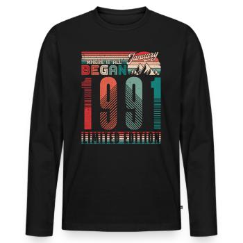 Anniversaire 1991 Vintage Janvier Rétro Cadeau - T-shirt manches longues Premium bio Homme - noir - Devant - Nico (187cm)