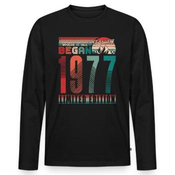 Anniversaire 1977 Vintage Février Cadeau Rétro - T-shirt manches longues Premium bio Homme - noir - Devant - Nico (187cm)