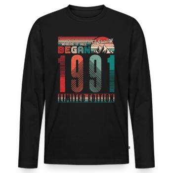 Anniversaire 1991 Vintage Février Cadeau rétro - T-shirt manches longues Premium bio Homme - noir - Devant - Nico (187cm)