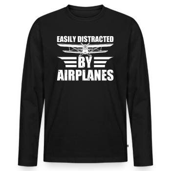 Easily Distracted by Airplanes - Biplane Plane Pil - Men's Premium Organic Long Sleeve Shirt - black - Front - Nico (187cm)