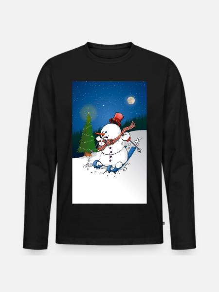 Illustration of a cheerful snowman on skis - Men's Premium Organic Long Sleeve Shirt - black
