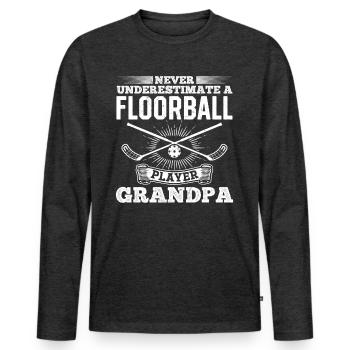 Ne sous-estimez jamais un joueur de floorball Grand-père Flo - T-shirt manches longues Premium bio Homme - anthracite chiné - Devant - Nico (187cm)