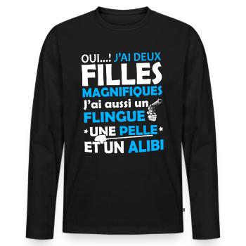 Tshirt pour Papa - J'ai deux Filles Magnifiques - T-shirt manches longues Premium bio Homme - noir - Devant - Nico (187cm)