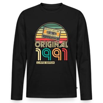 Cassette Bande Rétro Vintage 1991 30.Anniversaire - T-shirt manches longues Premium bio Homme - noir - Devant - Nico (187cm)