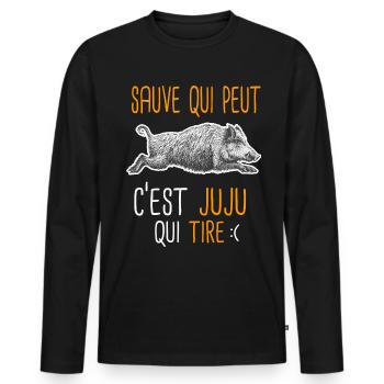 c'est juju qui tire Cadeau Humour Chasse Chasseur - T-shirt manches longues Premium bio Homme - noir - Devant - Nico (187cm)