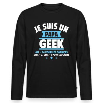 Papa Geek,Cadeau Fête Des Pères,Anniversaire,Noël - T-shirt manches longues Premium bio Homme - noir - Devant - Nico (187cm)